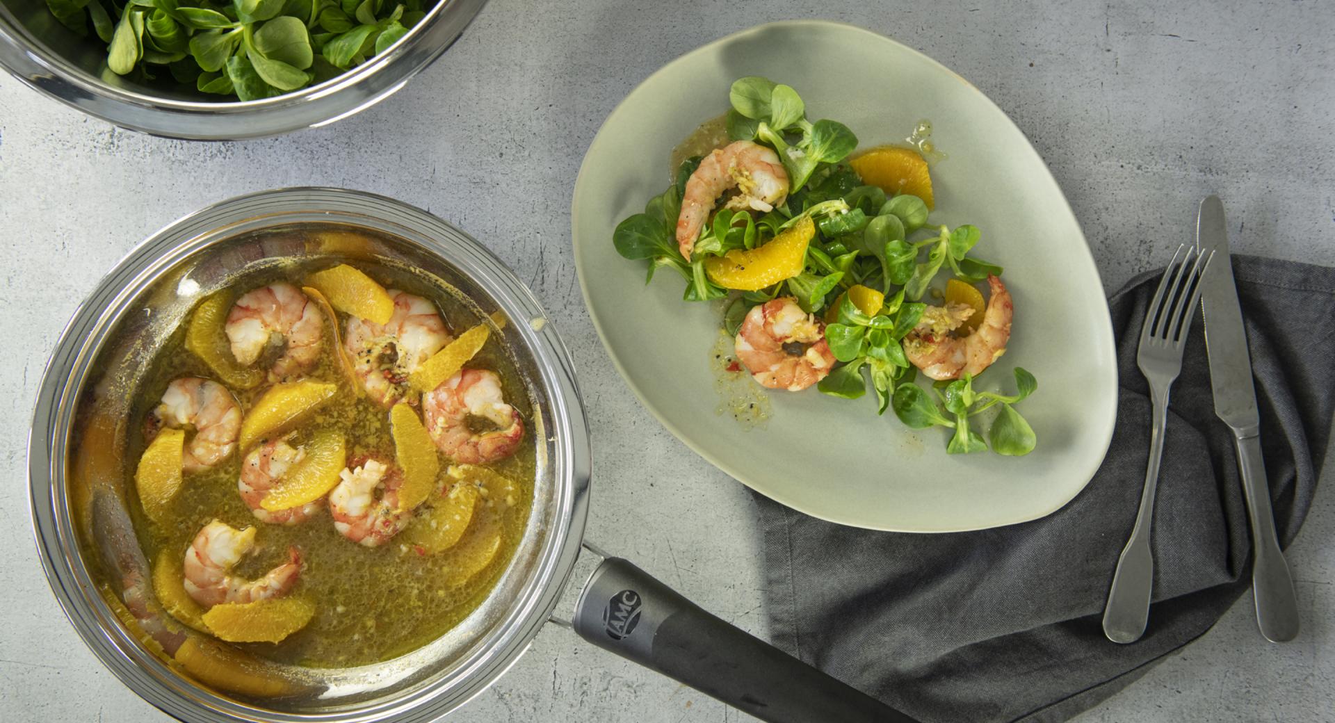 Lamb’s lettuce salad with savory shrimp