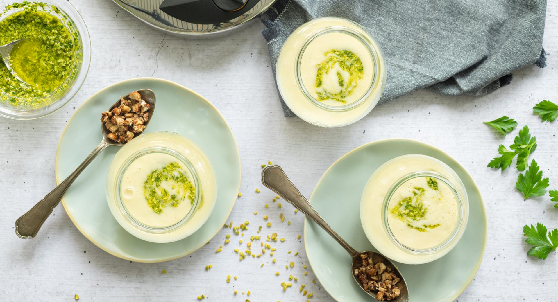 Parsnip soup with two different toppings