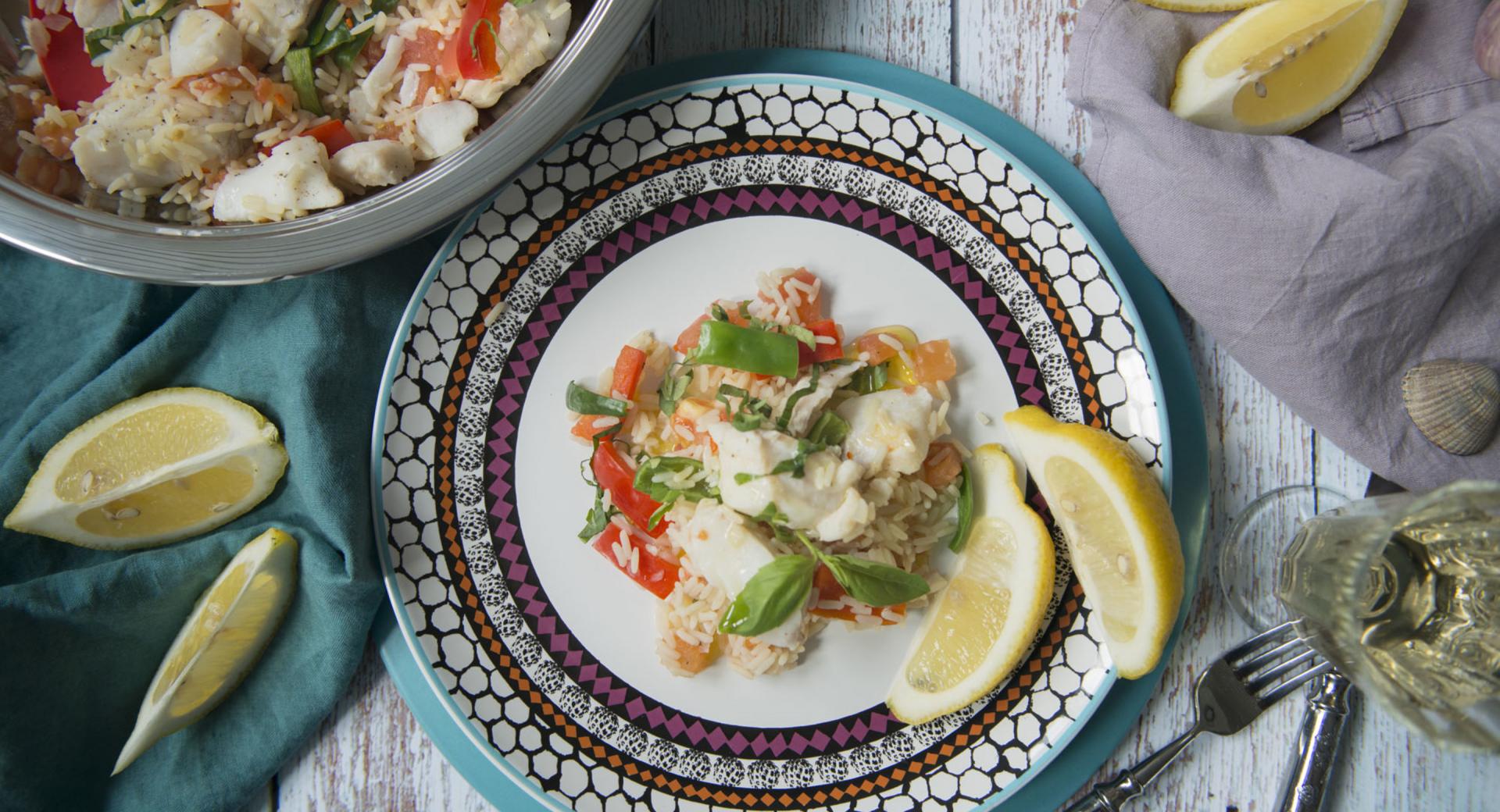 Mediterranean-style rice stir-fry with fish