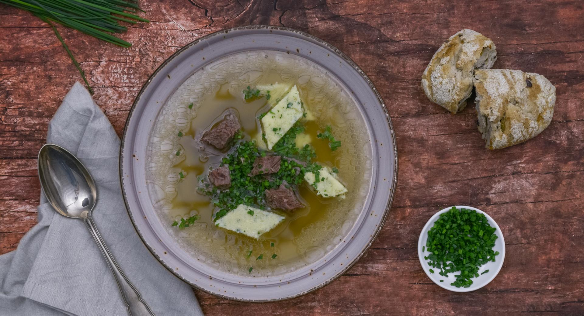 Nourishing beef broth with semolina dumplings