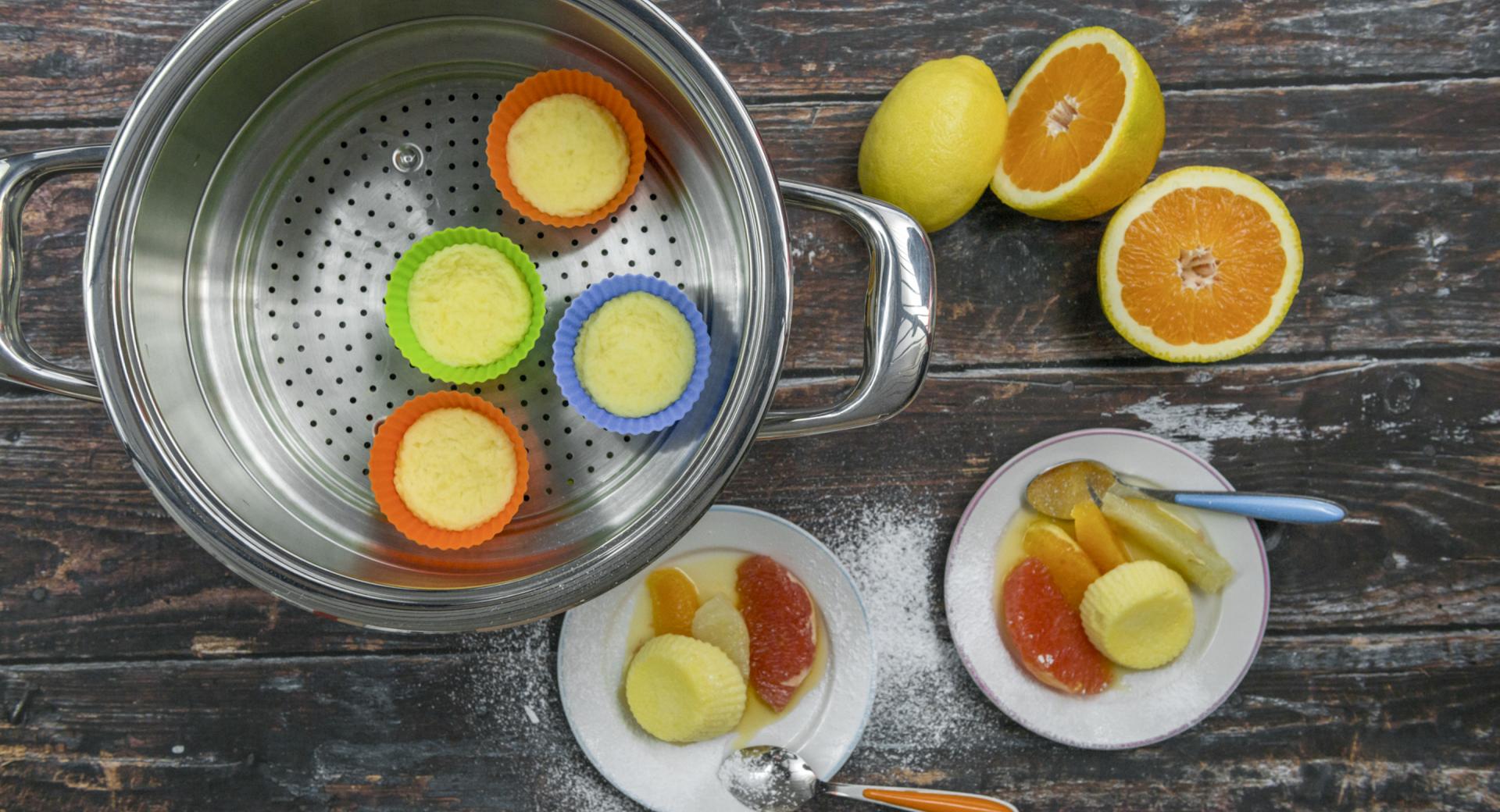 Curd soufflé with citrus fruit