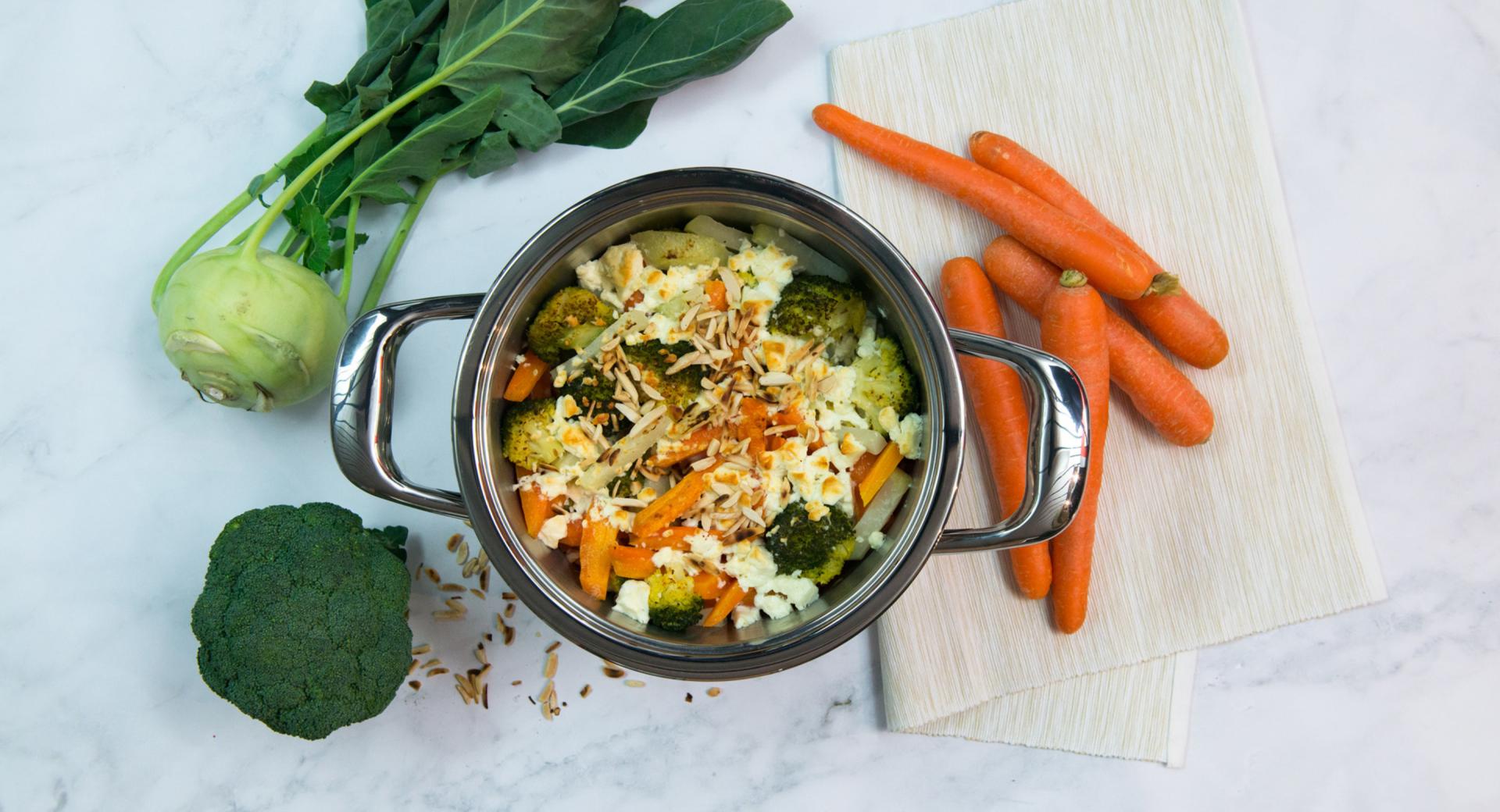 Seasonal vegetables au gratin with feta 