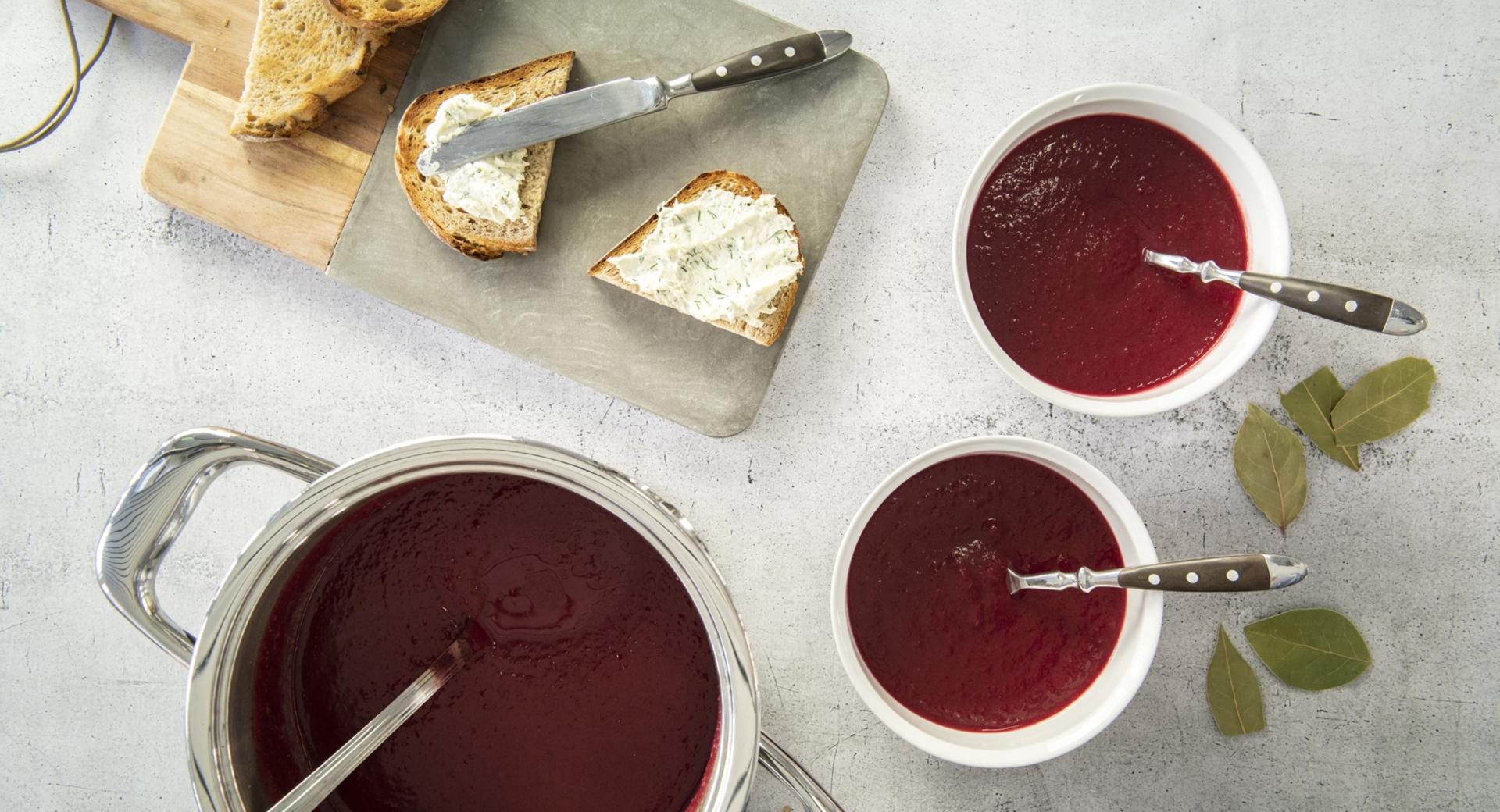 Beetroot soup with horseradish crostini