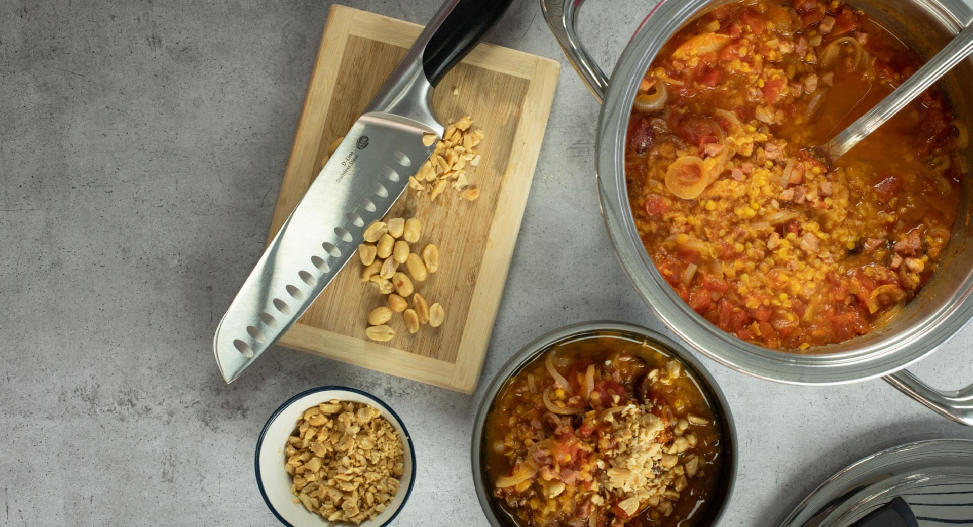 Lentil soup with bacon and peanuts