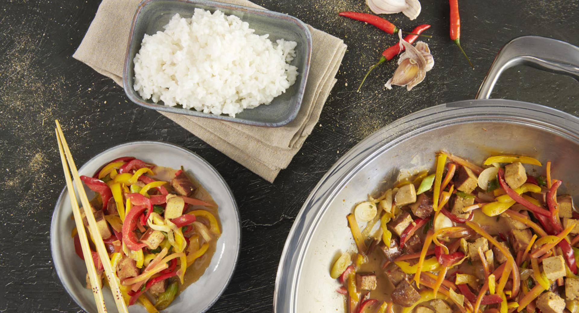 Asian vegetables with tofu and rice