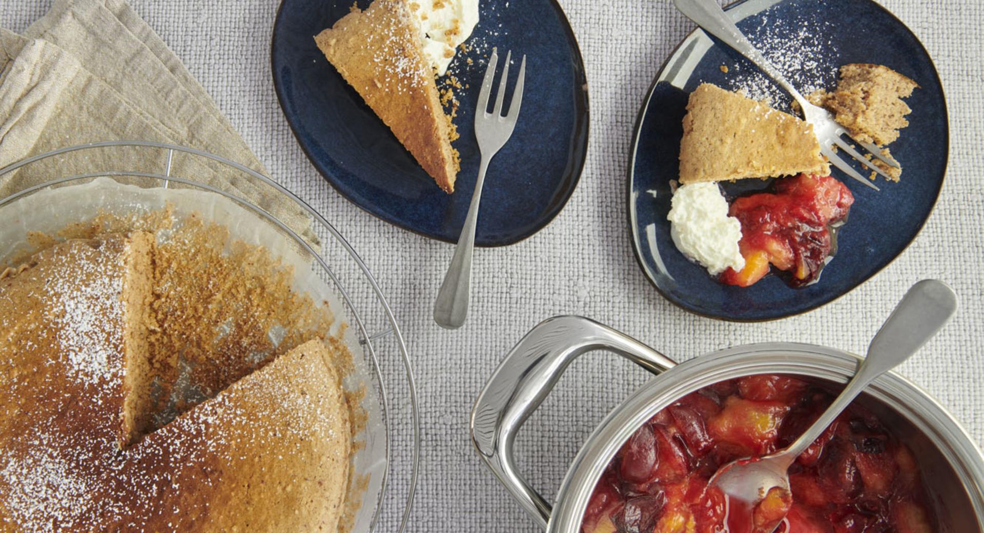 Chestnut cake with stewed plums