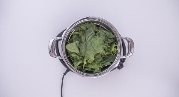 Pour the water (approx. 150 ml) into the pot and add the spinach. Cover the pot with the lid and place it on Navigenio. Set Navigenio to  "A". Switch on Audiotherm, enter approx. 5 minutes cooking time, fit it on Visiotherm and turn until the steam symbol appears.