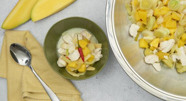 Finely dice the pickled ginger, carefully stir in with the remaining mango cubes. Season with salt and pepper.