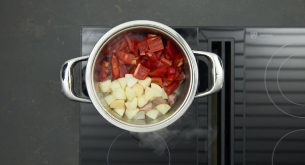 Add onions, vegetables, tomato paste and both paprika powder. Season with salt, pepper and caraway. Seal pot with Secuquick softline.