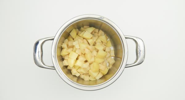 Open Secuquick, remove Softiera insert and pour out the remaining water from the pot. Put the celery and potato cubes back into the pot. Add butter, finely crush celery and potatoes, gradually adding milk.