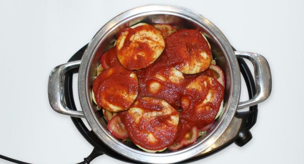 Layer the rest of the tomato slices, then the eggplant slices. Season with salt and pepper. Add the remaining pizza tomato sauce.