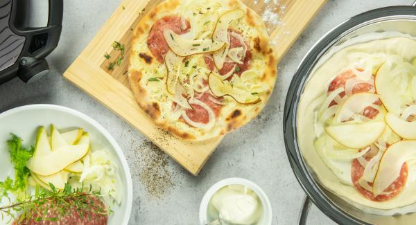 Tarte flambée with fennel, pear, and salami