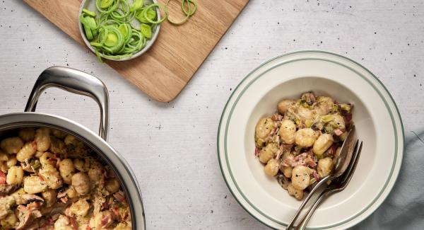 Gnocchi with pancetta, leek and mushrooms