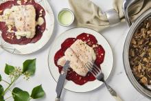 Smoked trout fillets on beet carpaccio